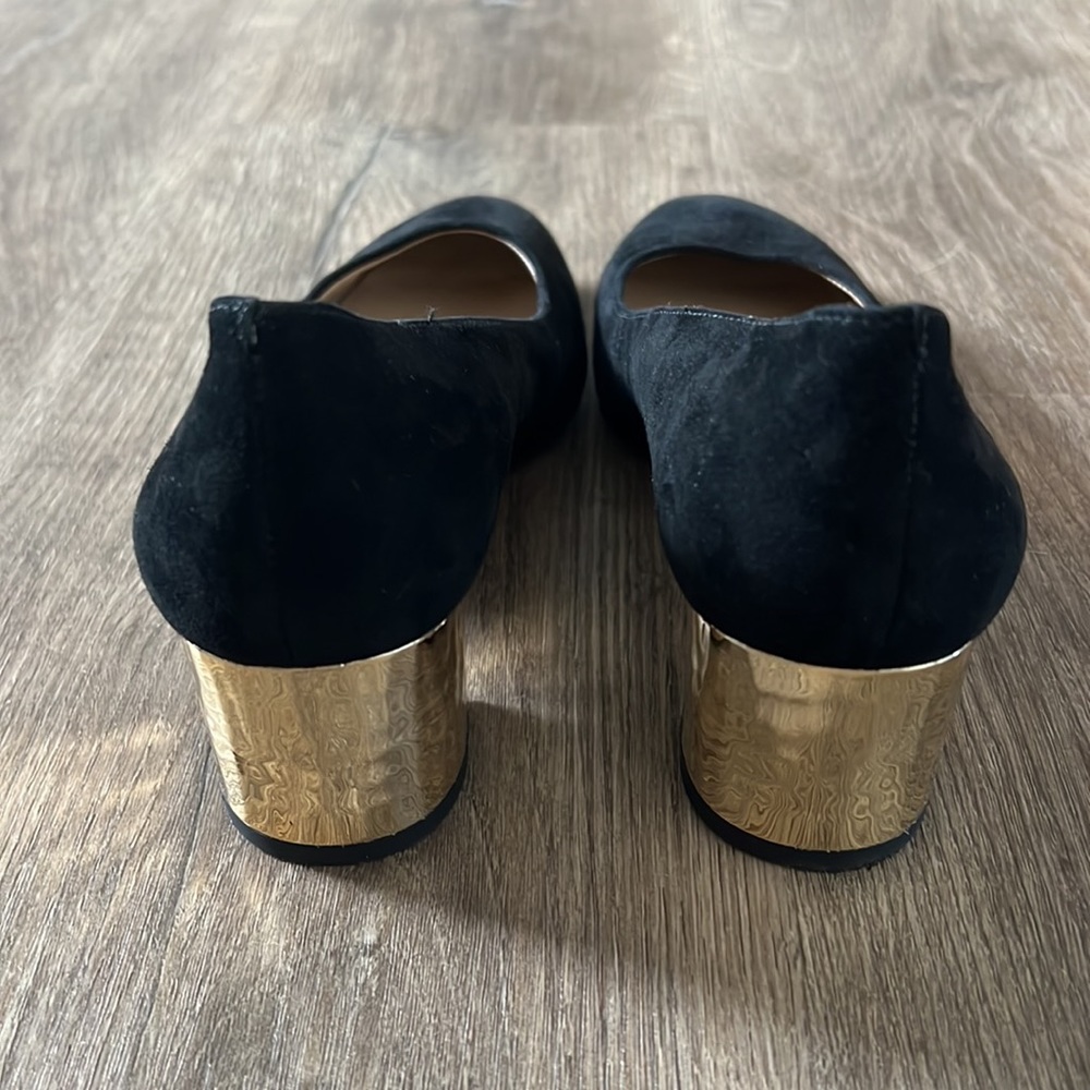 Ann Taylor black suede with gold block heels